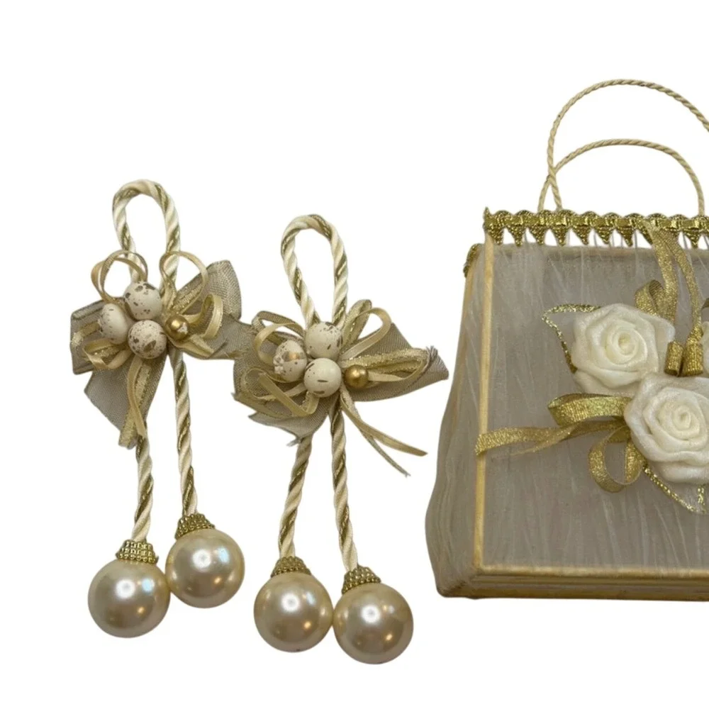 Vintage Style Cream Gold Rose Organza Gift Bags & Pearl Tassel Set 4pc Wedding
